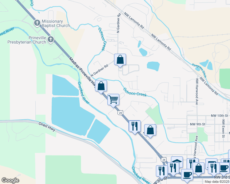 map of restaurants, bars, coffee shops, grocery stores, and more near 1120 Northwest Madras Highway in Prineville