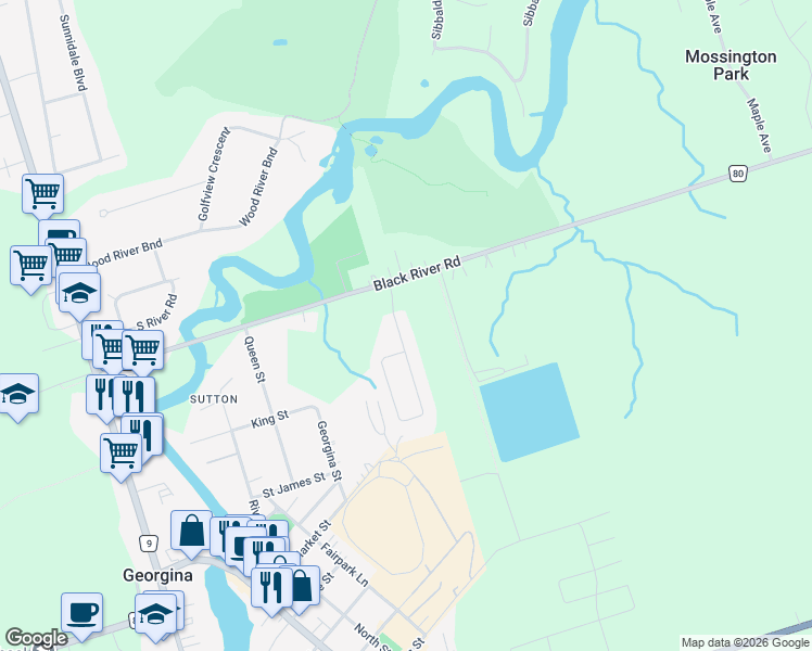 map of restaurants, bars, coffee shops, grocery stores, and more near 27 Scotia Road in Georgina