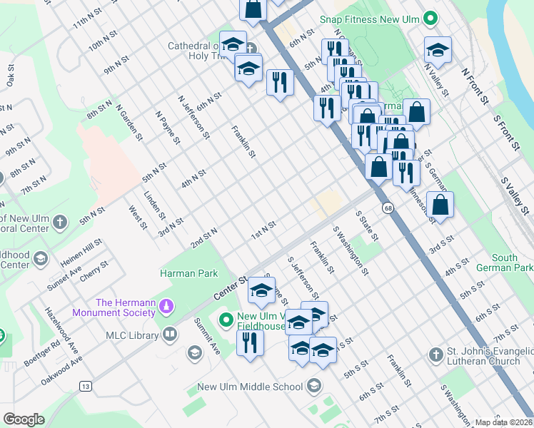 map of restaurants, bars, coffee shops, grocery stores, and more near 112 North Jefferson Street in New Ulm