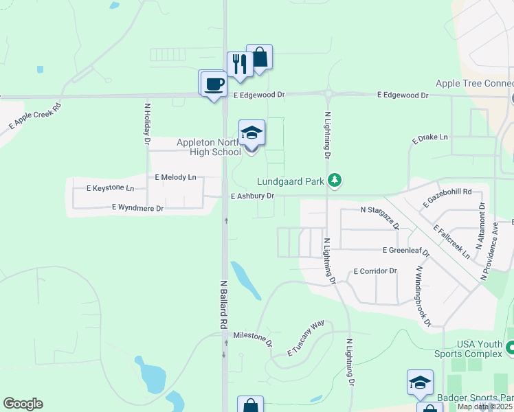 map of restaurants, bars, coffee shops, grocery stores, and more near North Latitude Lane in Appleton