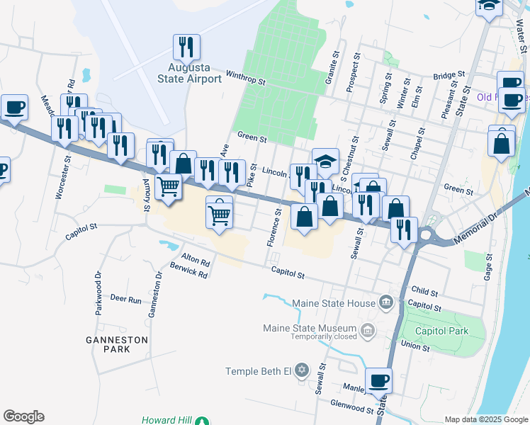map of restaurants, bars, coffee shops, grocery stores, and more near 3 Hillcrest Court in Augusta