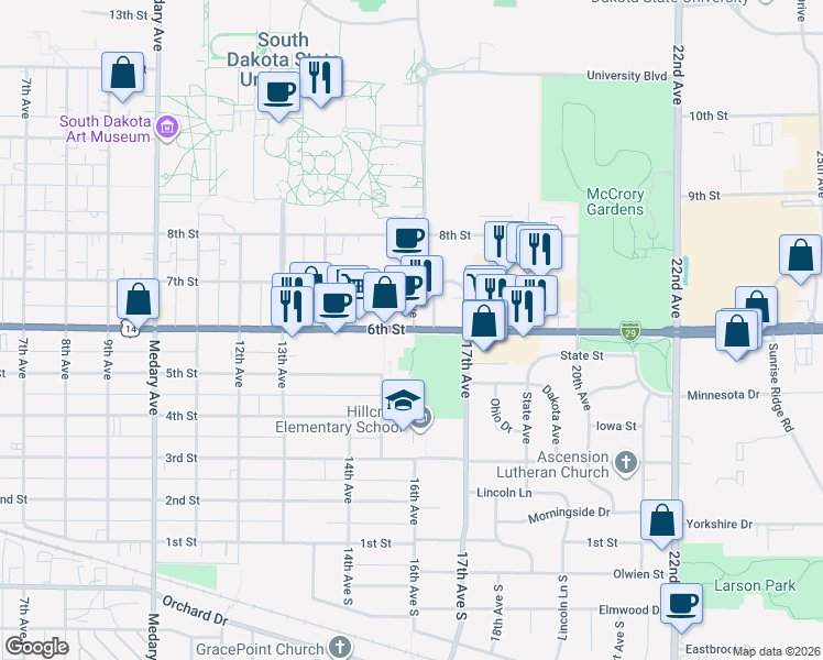 map of restaurants, bars, coffee shops, grocery stores, and more near 1599 6th Street in Brookings