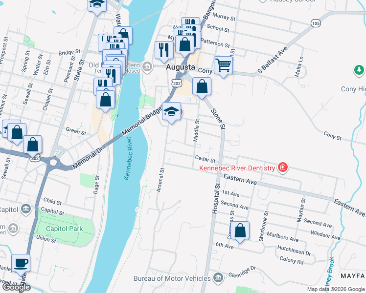 map of restaurants, bars, coffee shops, grocery stores, and more near 9 Brooks Street in Augusta