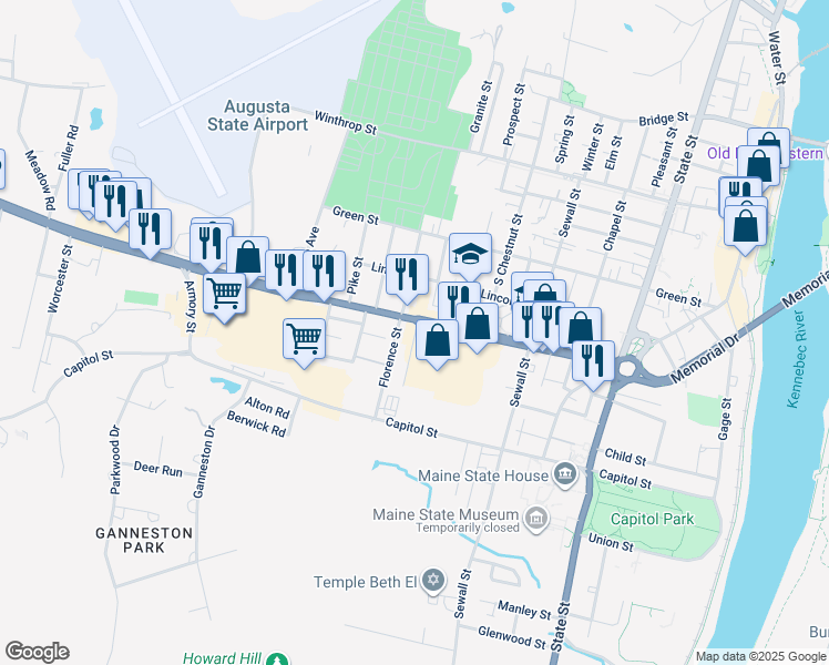 map of restaurants, bars, coffee shops, grocery stores, and more near 4 Amherst Street in Augusta
