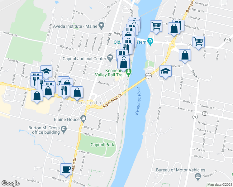 map of restaurants, bars, coffee shops, grocery stores, and more near 11 Swan Street in Augusta