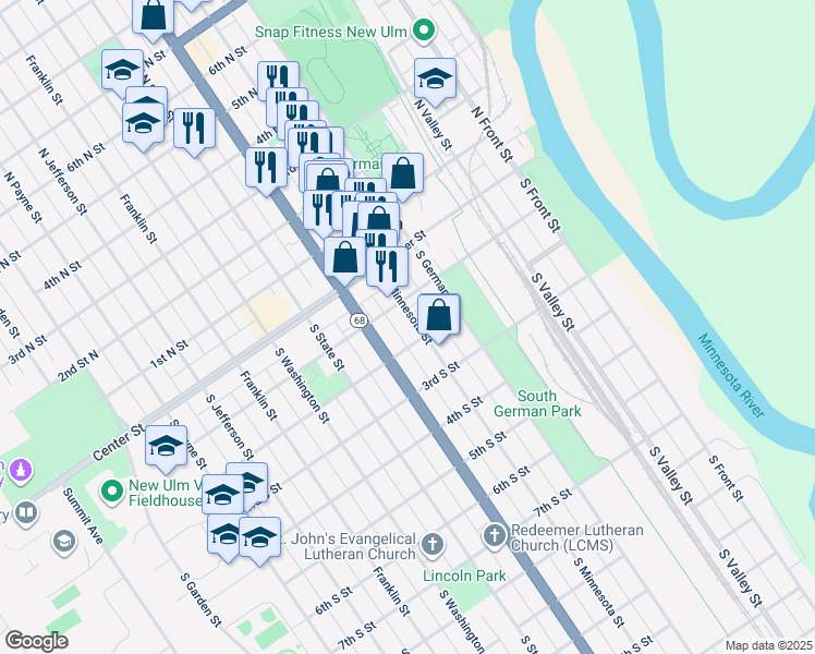 map of restaurants, bars, coffee shops, grocery stores, and more near 110 South Minnesota Street in New Ulm