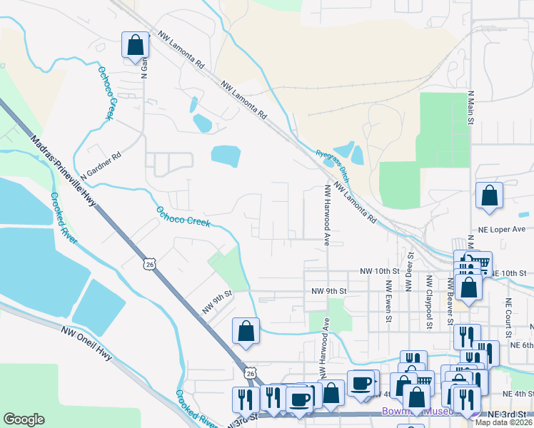 map of restaurants, bars, coffee shops, grocery stores, and more near 1238 Northwest Seehale Avenue in Prineville