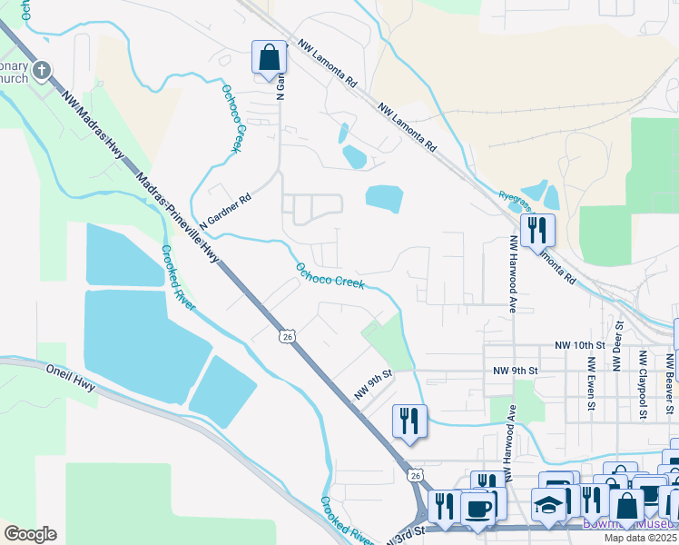 map of restaurants, bars, coffee shops, grocery stores, and more near 1334 Northwest Cheryl Place in Prineville