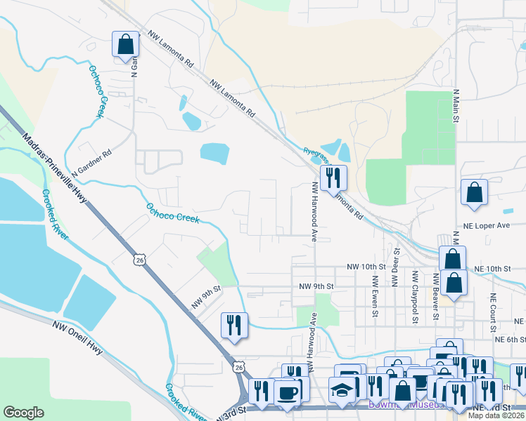 map of restaurants, bars, coffee shops, grocery stores, and more near 1238 Northwest Seehale Avenue in Prineville
