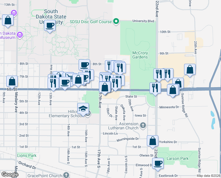 map of restaurants, bars, coffee shops, grocery stores, and more near 1831 6th Street in Brookings