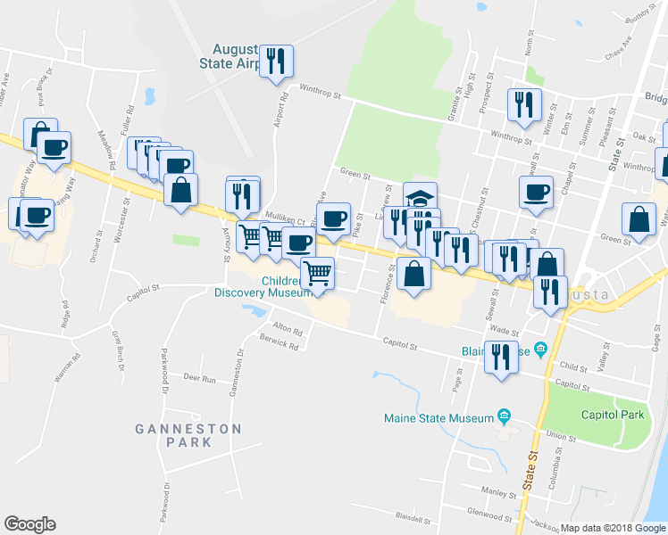 map of restaurants, bars, coffee shops, grocery stores, and more near 18 Western Avenue Place in Augusta