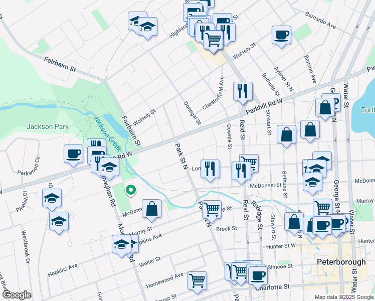 map of restaurants, bars, coffee shops, grocery stores, and more near 444 Dublin Street in Peterborough