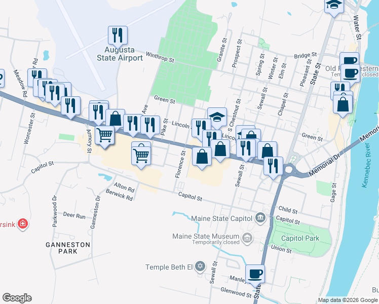 map of restaurants, bars, coffee shops, grocery stores, and more near 4 Amherst Street in Augusta