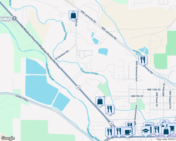 map of restaurants, bars, coffee shops, grocery stores, and more near 1334 Northwest Cheryl Place in Prineville