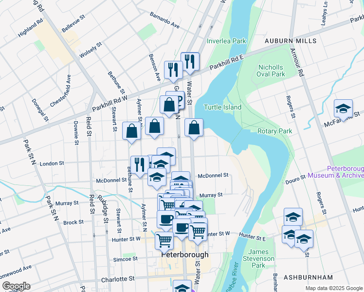 map of restaurants, bars, coffee shops, grocery stores, and more near 584 George Street North in Peterborough