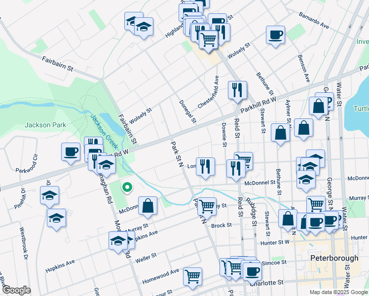 map of restaurants, bars, coffee shops, grocery stores, and more near 440 Dublin Street in Peterborough