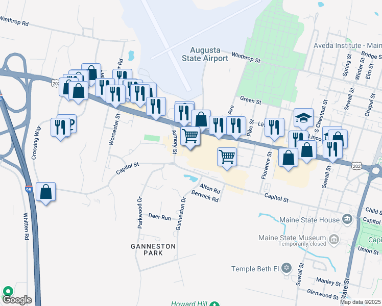 map of restaurants, bars, coffee shops, grocery stores, and more near 150 Western Avenue in Augusta