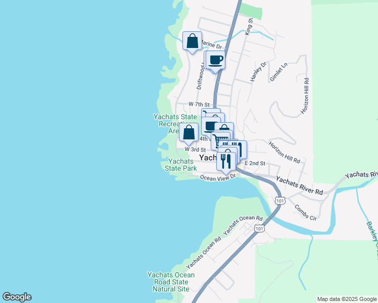 map of restaurants, bars, coffee shops, grocery stores, and more near 472 3rd Street in Yachats