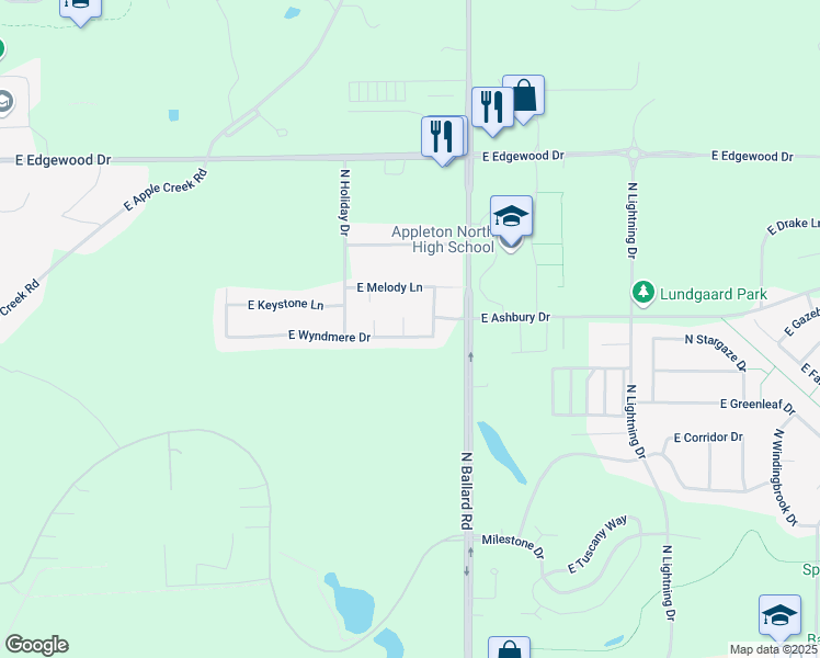 map of restaurants, bars, coffee shops, grocery stores, and more near 4700 Morningview Court in Appleton