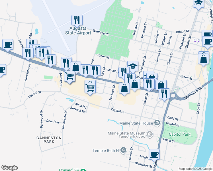 map of restaurants, bars, coffee shops, grocery stores, and more near 3 Hillcrest Court in Augusta