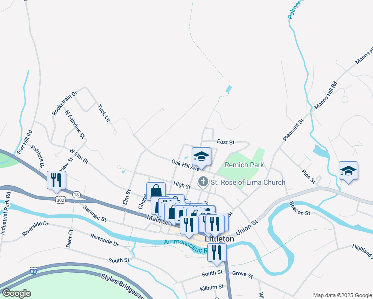 map of restaurants, bars, coffee shops, grocery stores, and more near 171 Maple Street in Littleton