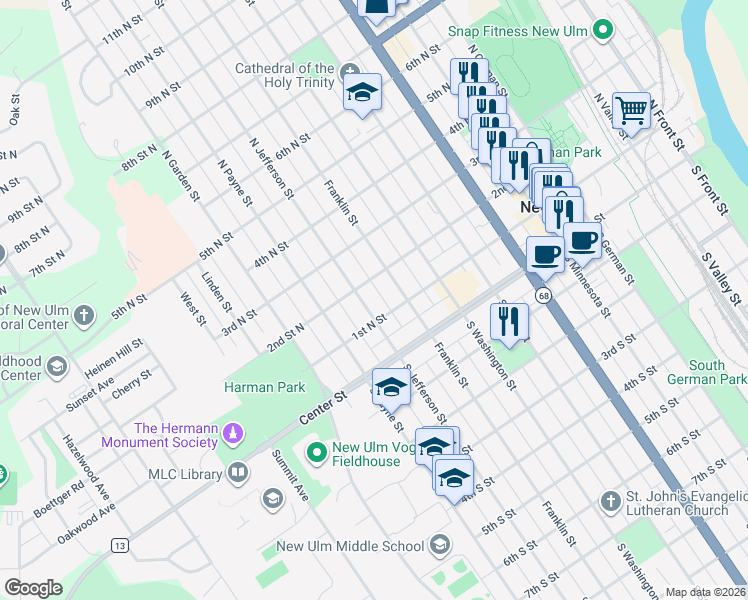 map of restaurants, bars, coffee shops, grocery stores, and more near 112 North Jefferson Street in New Ulm