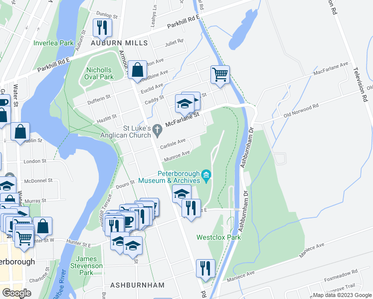 map of restaurants, bars, coffee shops, grocery stores, and more near 262 Munroe Avenue in Peterborough