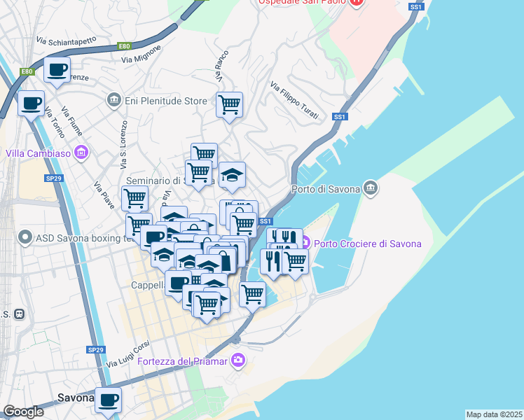 map of restaurants, bars, coffee shops, grocery stores, and more near Salita San Giacomo in Savona