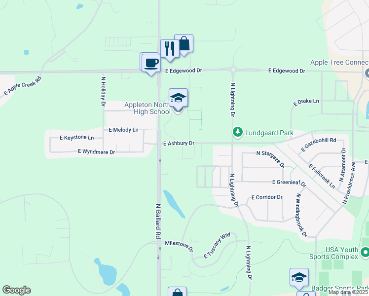 map of restaurants, bars, coffee shops, grocery stores, and more near 4821 North Latitude Lane in Appleton