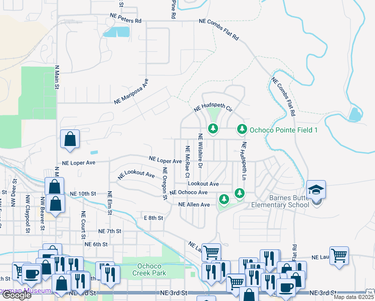 map of restaurants, bars, coffee shops, grocery stores, and more near 1244 Northeast McRae Court in Prineville