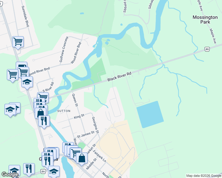 map of restaurants, bars, coffee shops, grocery stores, and more near 20 Scotia Road in Georgina