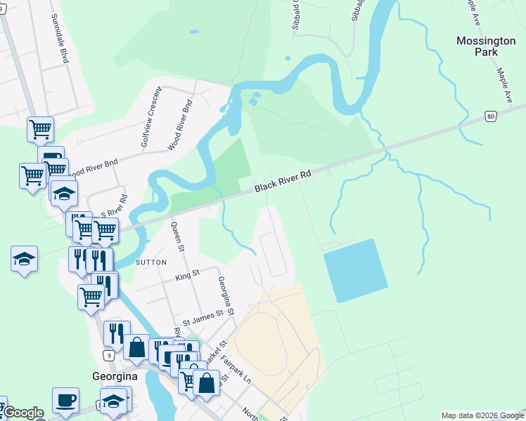 map of restaurants, bars, coffee shops, grocery stores, and more near 20 Scotia Road in Georgina