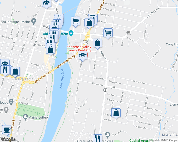 map of restaurants, bars, coffee shops, grocery stores, and more near 8 Brooks Street in Augusta