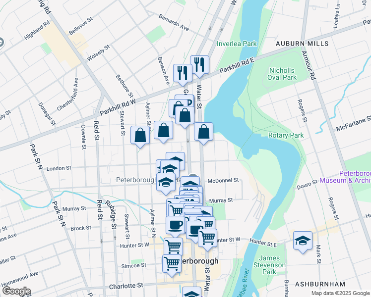 map of restaurants, bars, coffee shops, grocery stores, and more near 587 George Street North in Peterborough