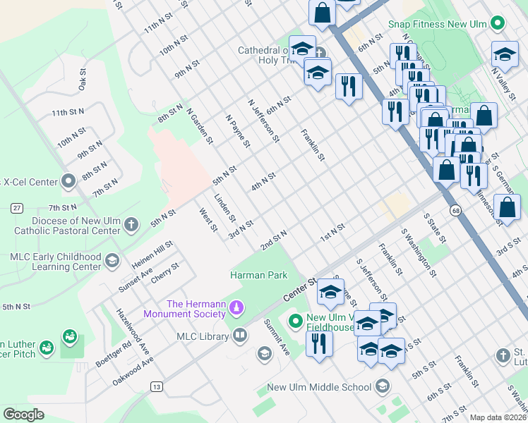 map of restaurants, bars, coffee shops, grocery stores, and more near 300 North Garden Street in New Ulm