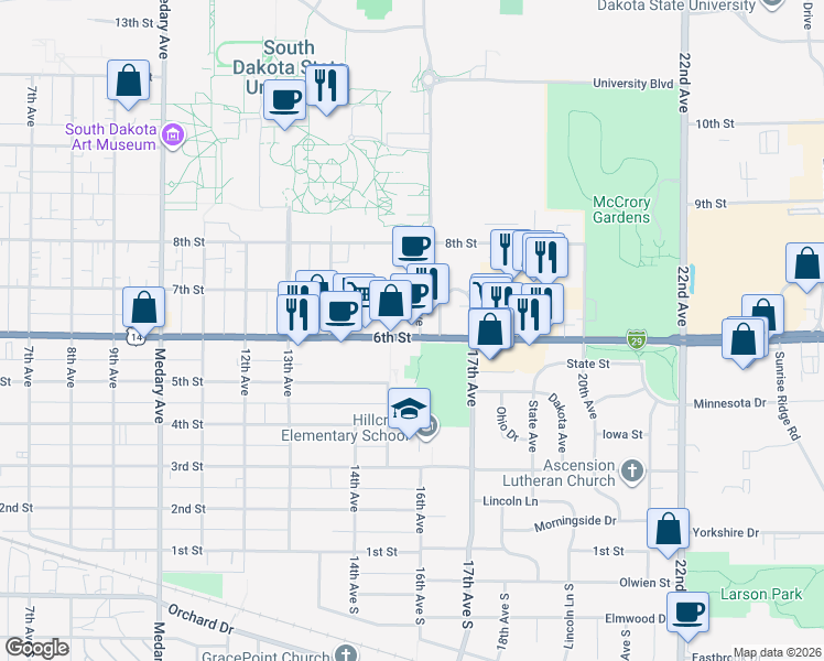 map of restaurants, bars, coffee shops, grocery stores, and more near 1599 6th Street in Brookings