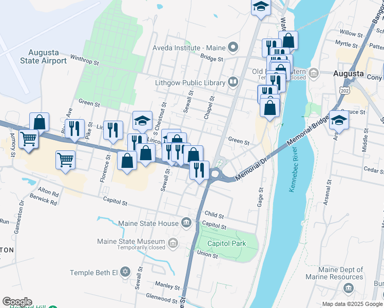 map of restaurants, bars, coffee shops, grocery stores, and more near 62 Chapel Street in Augusta