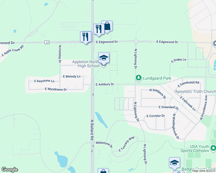 map of restaurants, bars, coffee shops, grocery stores, and more near 4821 North Latitude Lane in Appleton