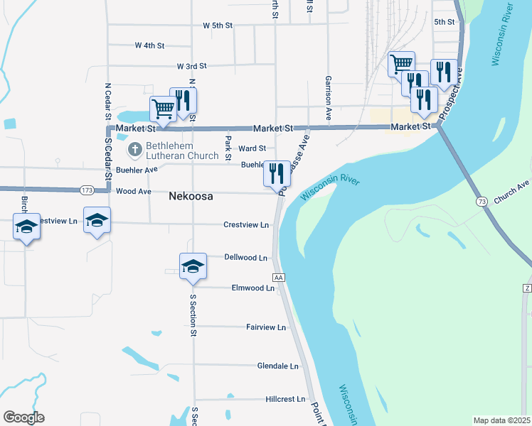 map of restaurants, bars, coffee shops, grocery stores, and more near 442 Point Basse Avenue in Nekoosa