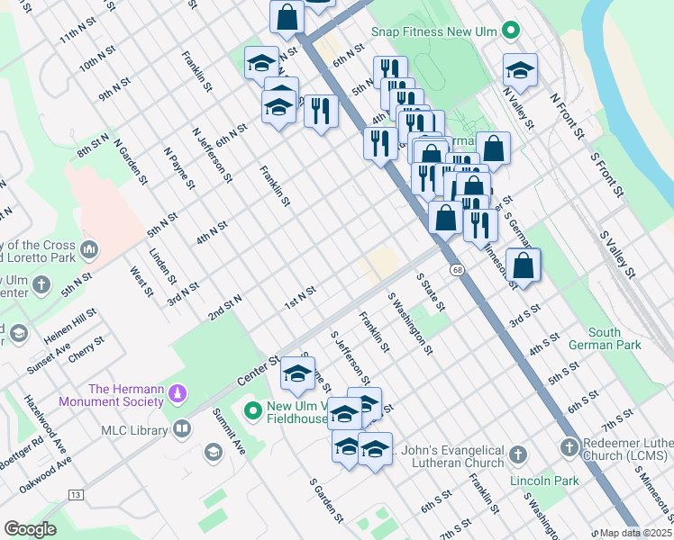 map of restaurants, bars, coffee shops, grocery stores, and more near 102 North Franklin Street in New Ulm