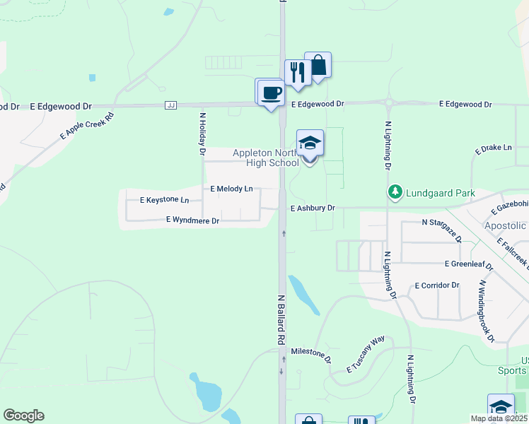 map of restaurants, bars, coffee shops, grocery stores, and more near 1901 East Ashbury Drive in Appleton