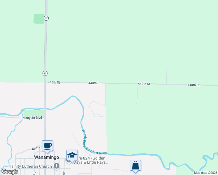 map of restaurants, bars, coffee shops, grocery stores, and more near 12488 440th Street in Wanamingo