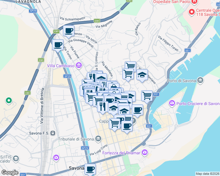 map of restaurants, bars, coffee shops, grocery stores, and more near 2 Piazza Guglielmo Marconi in Savona