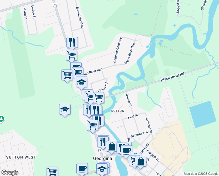 map of restaurants, bars, coffee shops, grocery stores, and more near 39 South River Road in Georgina
