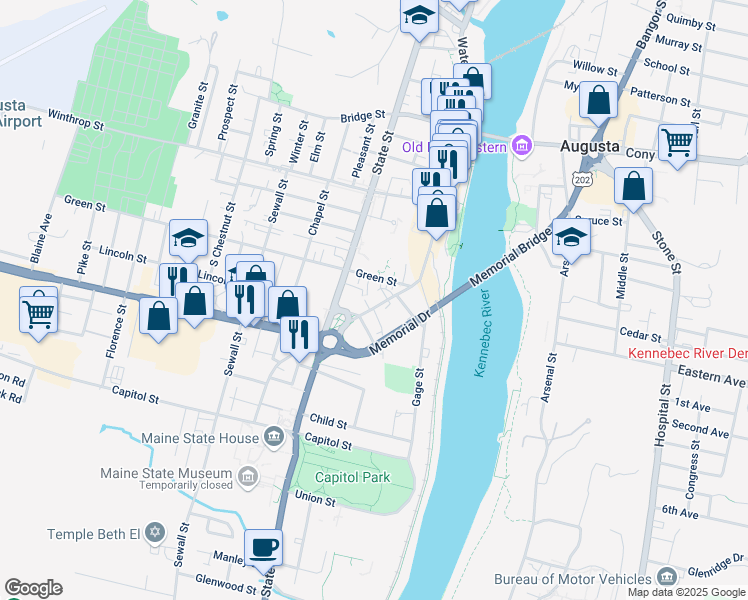 map of restaurants, bars, coffee shops, grocery stores, and more near 15 East Crescent Street in Augusta