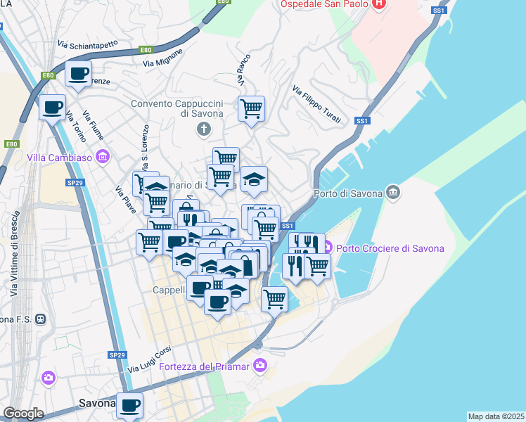 map of restaurants, bars, coffee shops, grocery stores, and more near 8 Via Davide Caminati in Savona