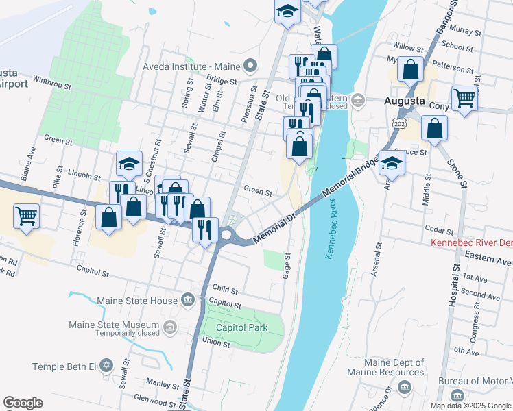 map of restaurants, bars, coffee shops, grocery stores, and more near 15 East Crescent Street in Augusta