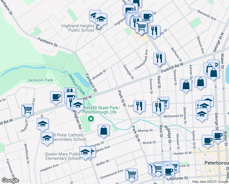 map of restaurants, bars, coffee shops, grocery stores, and more near 475 Parkhill Road West in Peterborough
