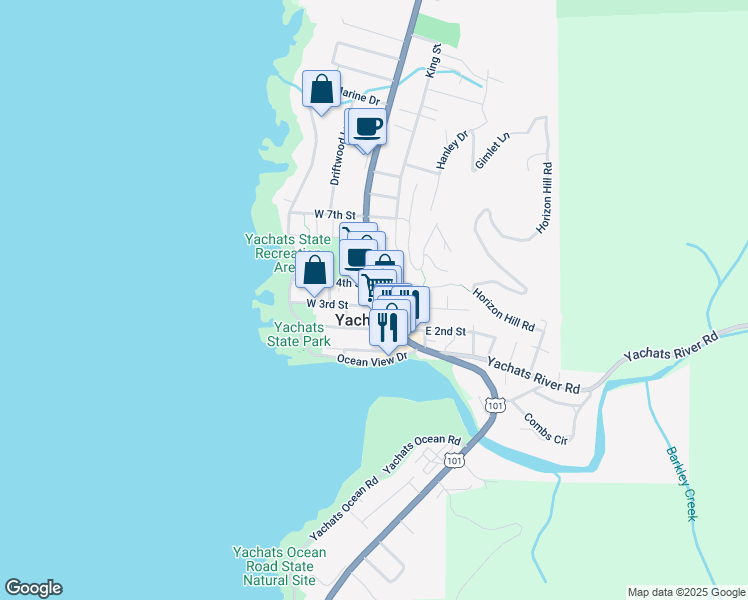 map of restaurants, bars, coffee shops, grocery stores, and more near 333 Highway 101 North in Yachats