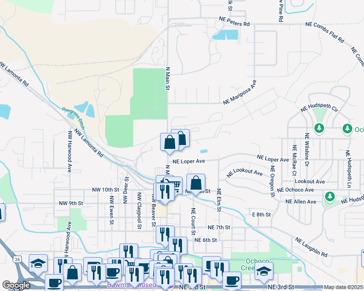 map of restaurants, bars, coffee shops, grocery stores, and more near 280 Northeast 13th Street in Prineville